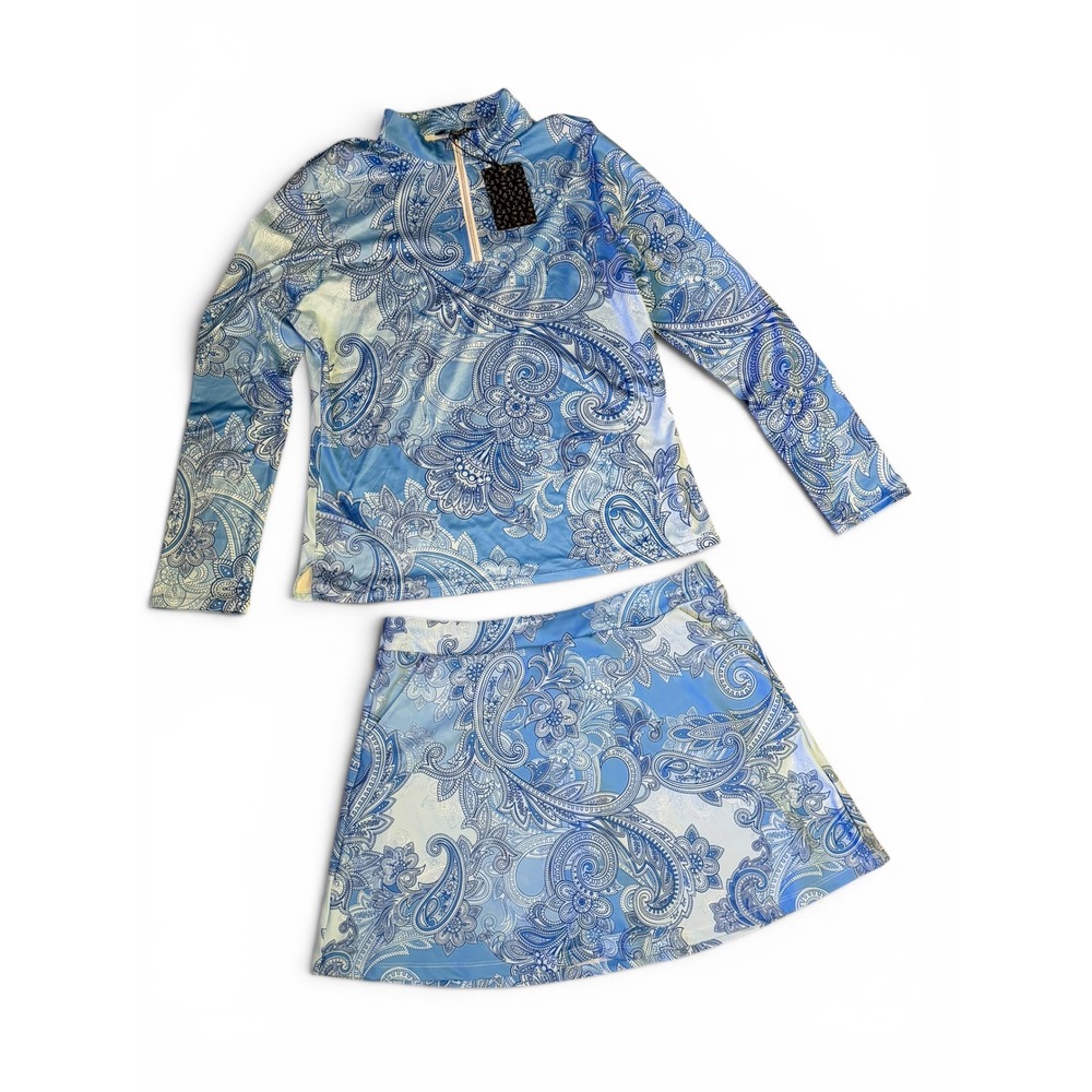 Acegolfs Blue Paisley 2 Piece Activewear golf set. 1/4 Zip top and Skirt. Large